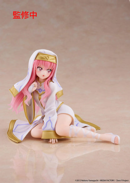 The Familiar of Zero Desktop Cute Louise Miko Outfit Ver. figure seated in a white-and-gold ceremonial outfit with long pink hair.