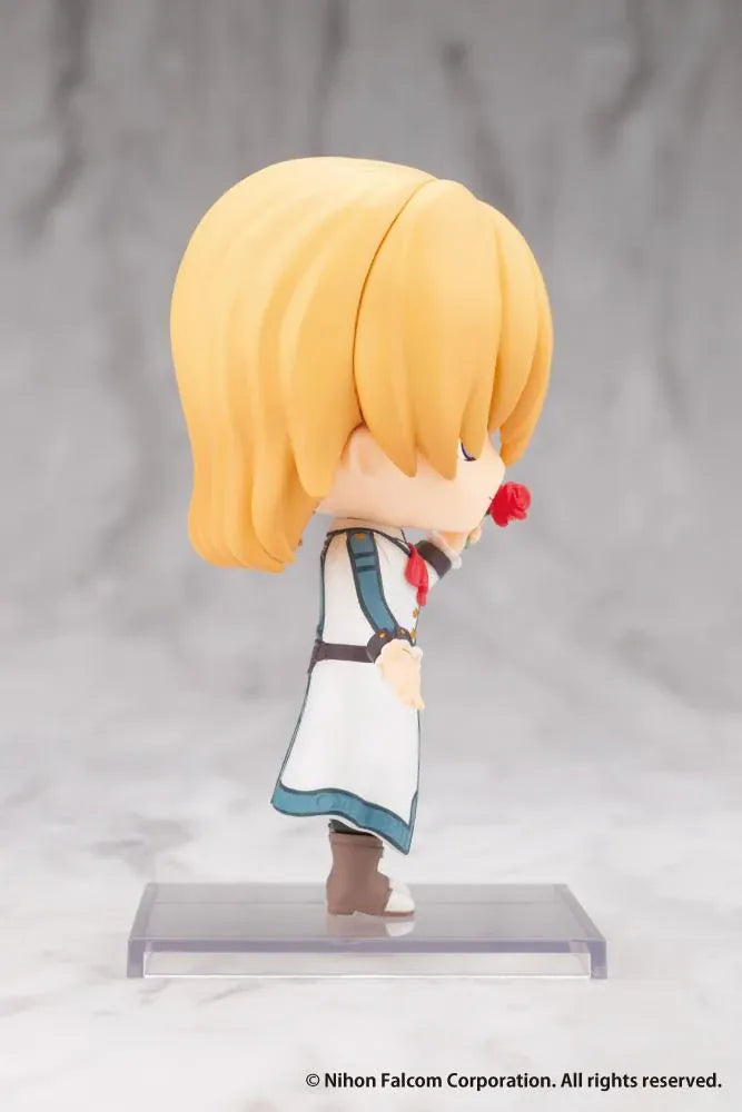 Trails in the Sky Oshi Works Mini Olivier Lenheim figure with blond hair, a winking expression, white and teal coat, red neck bow, and red rose.