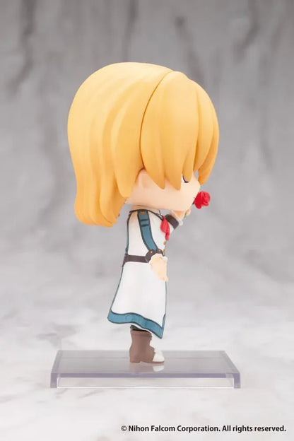 Trails in the Sky Oshi Works Mini Olivier Lenheim figure with blond hair, a winking expression, white and teal coat, red neck bow, and red rose.