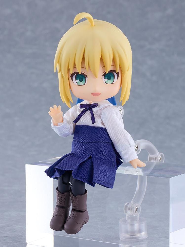 Fate stay night Nendoroid Doll Saber Casual Outfit Ver. with blonde hair, blue skirt, white blouse, black tights, and brown boots