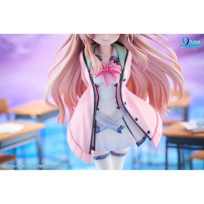 9-nine- Ruler's Crown Miyako Kujo 1/6 Scale Figure featuring a pink-haired anime girl with blue eyes wearing a white and blue school uniform, pink jacket, and matching ribbon, standing on a detailed light-blue gear-shaped display base.