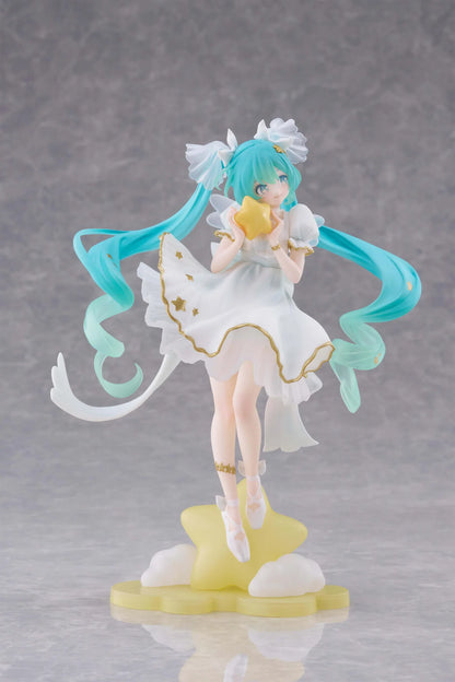 Vocaloid AMP+ Hatsune Miku Birthday 2026 Star Dreamy Ver figure featuring Hatsune Miku in a white dress standing on a star and cloud base