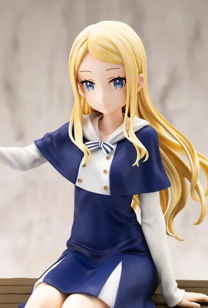 Sasaki and Peeps Elsa 1/7 Scale Figure featuring a blonde-haired anime girl with blue eyes wearing a navy-blue and white outfit, sitting on a wooden crate with a small bird perched on her hand.