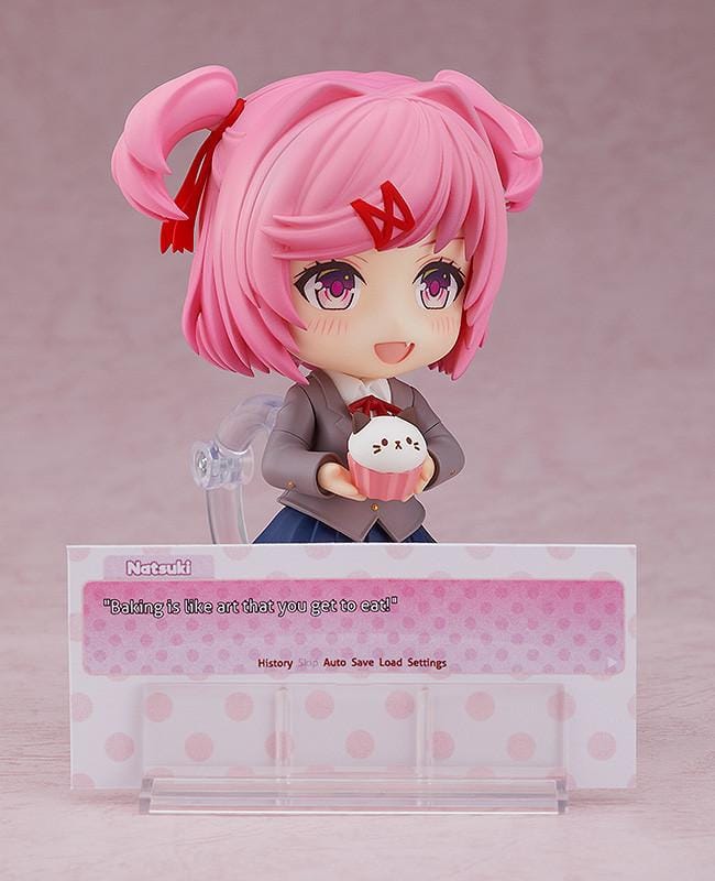 Natsuki Nendoroid figure from Doki Doki Literature Club with pink twin pigtails chibi anime figure