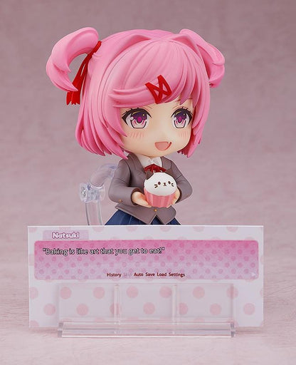 Natsuki Nendoroid figure from Doki Doki Literature Club with pink twin pigtails chibi anime figure