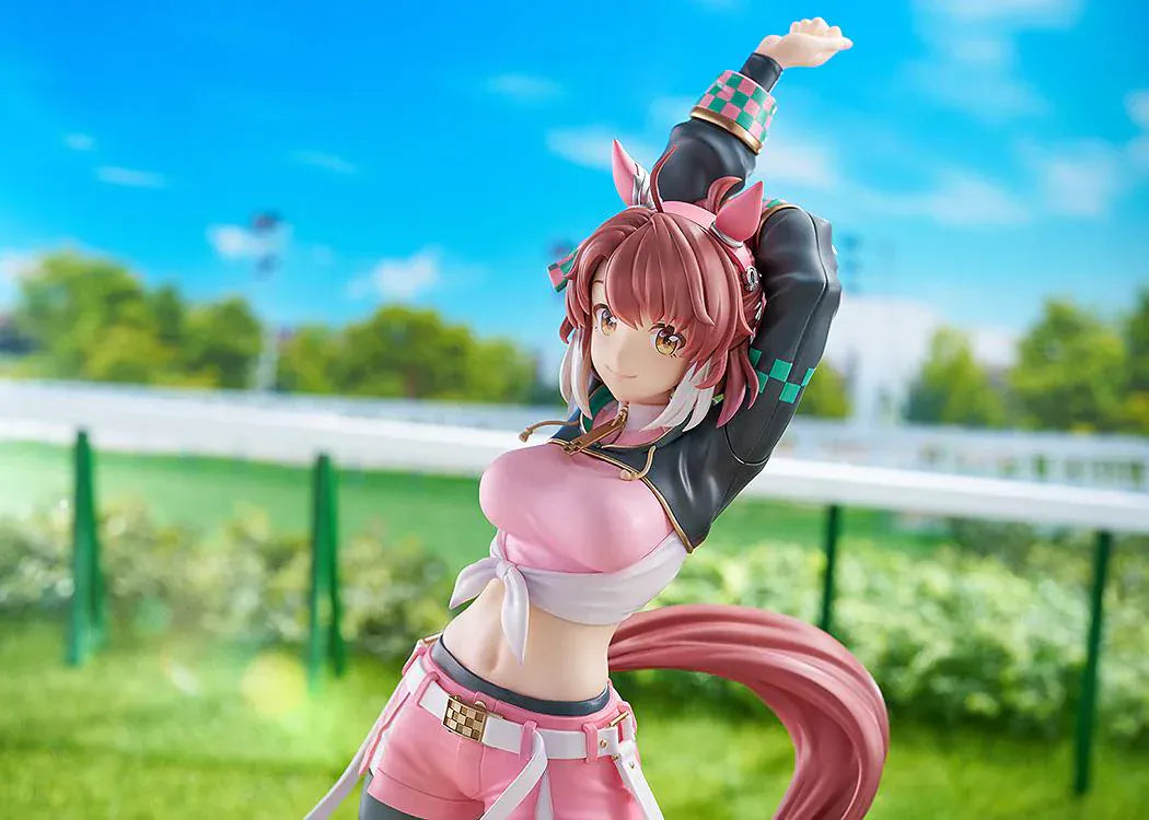 Uma Musume Pretty Derby Dantsu Flame 1/7 scale figure in pink athletic outfit with dynamic stretching pose and themed base
