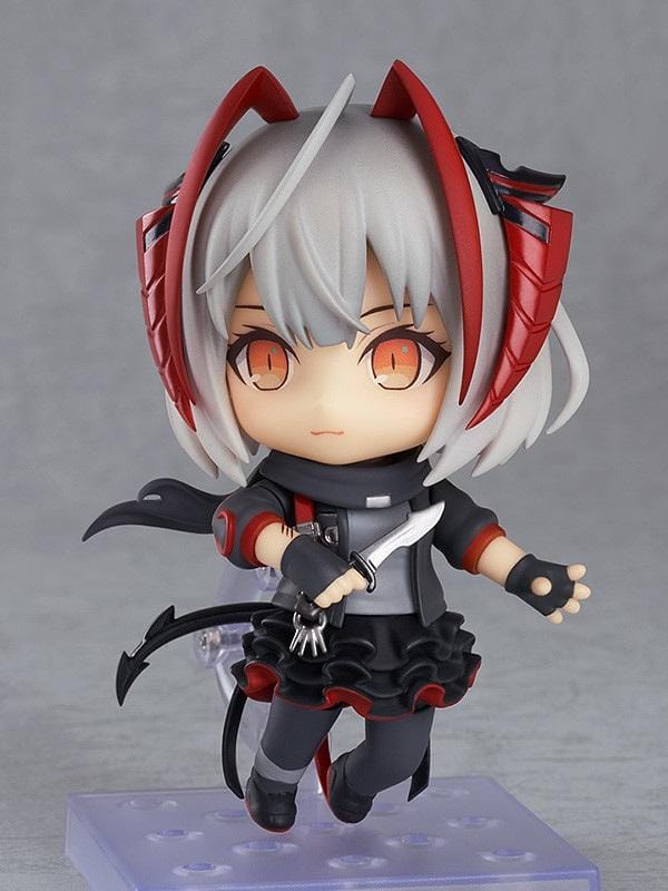 Arknights Nendoroid W Figure (Rerelease) featuring a silver-gray-haired anime girl with orange eyes, red and black horns, a black and red combat outfit, flowing scarf, and weapon accessories in a cute chibi design.