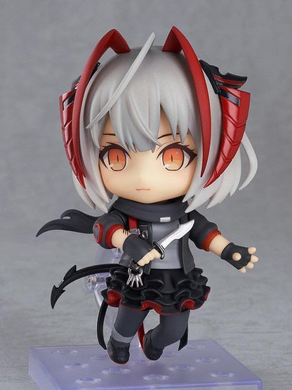 Arknights Nendoroid W Figure (Rerelease) featuring a silver-gray-haired anime girl with orange eyes, red and black horns, a black and red combat outfit, flowing scarf, and weapon accessories in a cute chibi design.