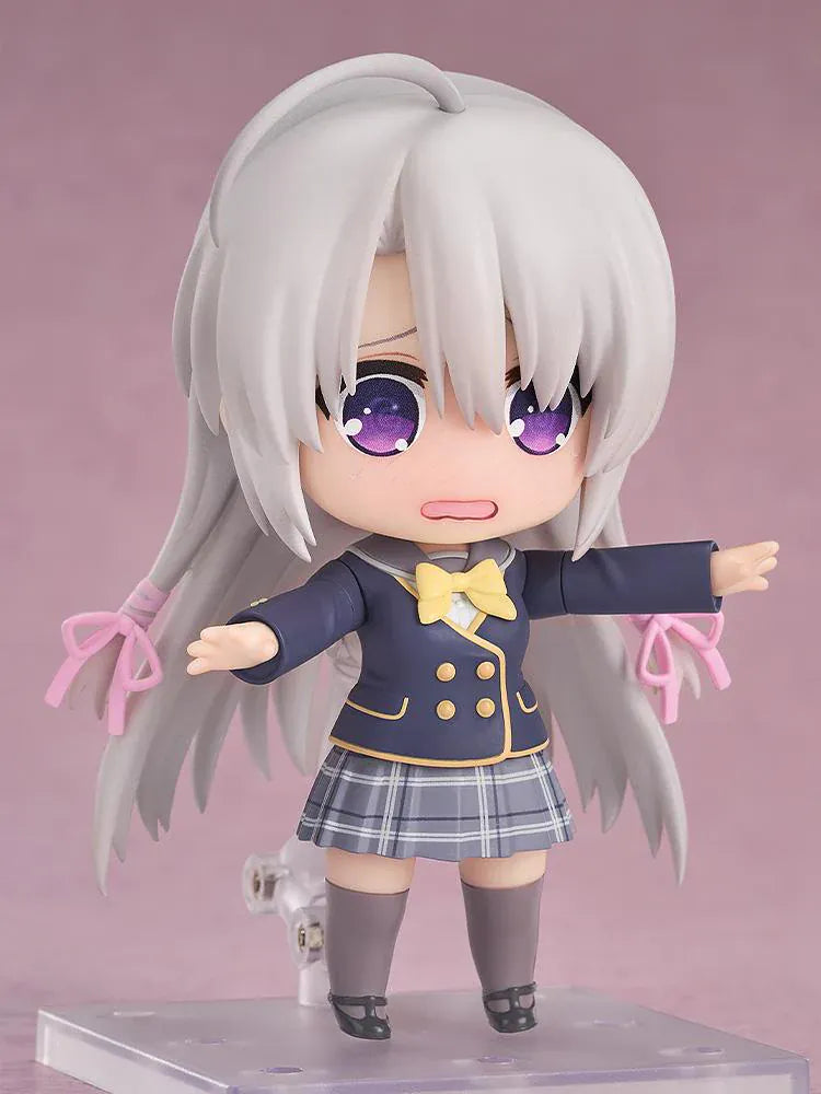 Sabbat of the Witch Nendoroid Nene Ayachi Figure featuring Nene in a chibi-style design with long silver hair, purple eyes, school uniform, yellow bow, and pink ribbon hair ties.