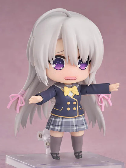 Sabbat of the Witch Nendoroid Nene Ayachi Figure featuring Nene in a chibi-style design with long silver hair, purple eyes, school uniform, yellow bow, and pink ribbon hair ties.