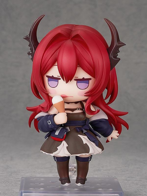 Arknights Nendoroid Surtr Figure rerelease featuring crimson hair, black horns, purple eyes, and her signature oversized sword