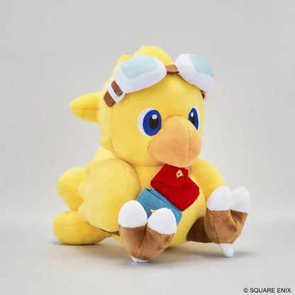 Final Fantasy Chocobo Chocobo and the Airship Ver. Plush with yellow Chocobo, pilot goggles, travel bag, blue embroidered eyes, and seated plush design