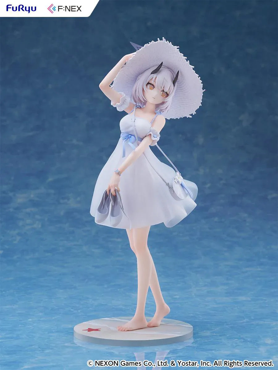 Blue Archive Sena Casual 1/7 Scale Figure featuring Sena with short silver hair, white dress, wide-brim hat, sandals in hand, and seaside-themed display base.
