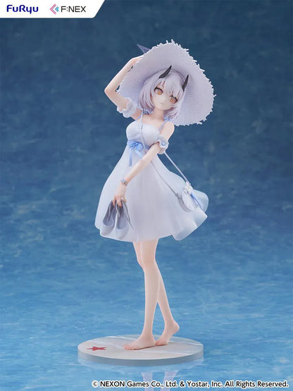 Blue Archive Sena Casual 1/7 Scale Figure featuring Sena with short silver hair, white dress, wide-brim hat, sandals in hand, and seaside-themed display base.