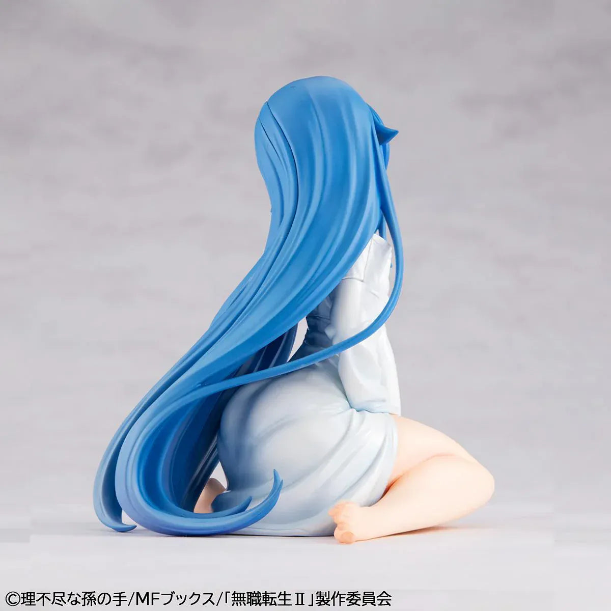 Mushoku Tensei Melty Princess Roxy Migurdia Peeping Ver. figure kneeling in oversized white shirt with long blue hair.