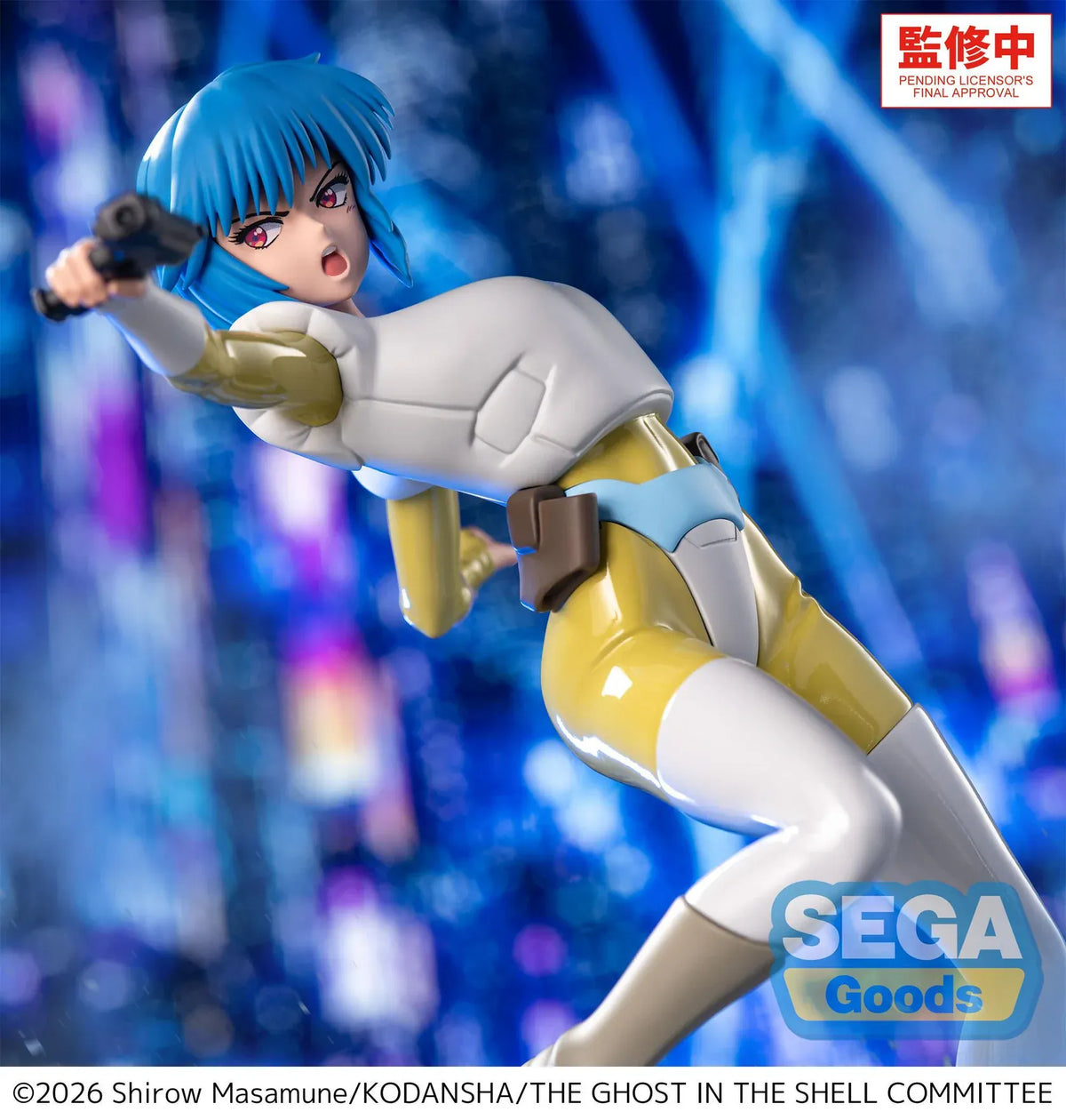 The Ghost in the Shell Luminasta Motoko Kusanagi figure aiming a pistol in a dynamic airborne pose