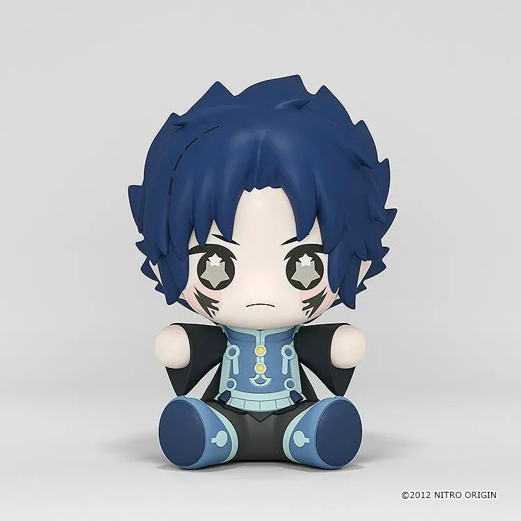 DRAMAtical Murder Huggy Good Smile Ren figure with dark blue hair, star-filled eyes, cheek markings, and a blue-and-black outfit in a seated pose.