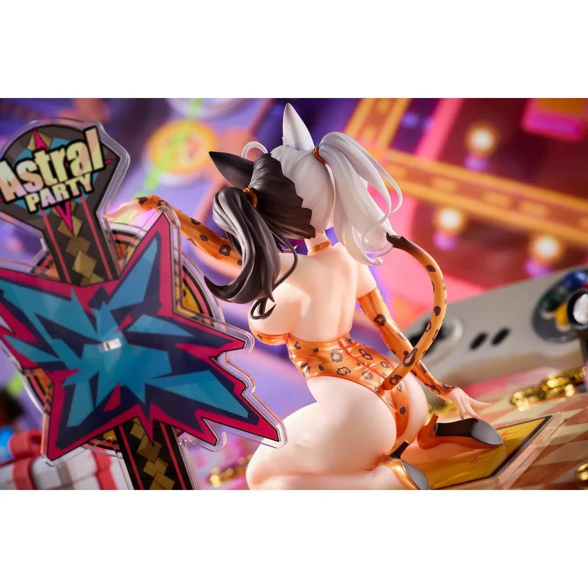 Astral Party Nancy Lu Special Edition 1/6 Scale Figure featuring a black and white-haired anime girl with purple eyes wearing an orange leopard-print bodysuit, animal ears, and a spotted tail, posed beside a colorful roulette wheel with matching illustrated bonuses.