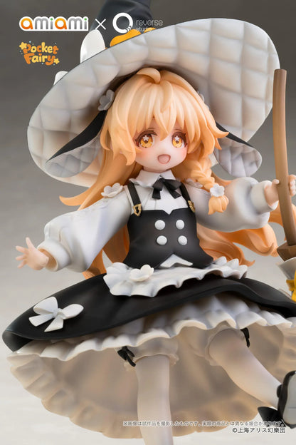 Touhou Project Pocket Fairy Marisa Kirisame figure holding a broom in a black-and-white witch outfit on a yellow star-shaped base.