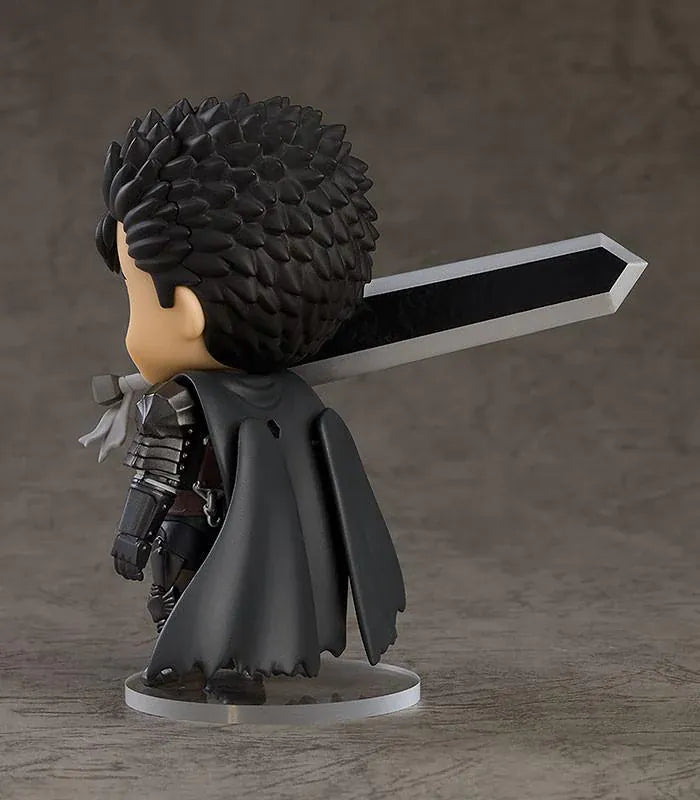 Berserk Nendoroid Guts Figure Rerelease featuring Guts with spiked black hair, armor, black cape, serious expression, and Dragon Slayer sword.