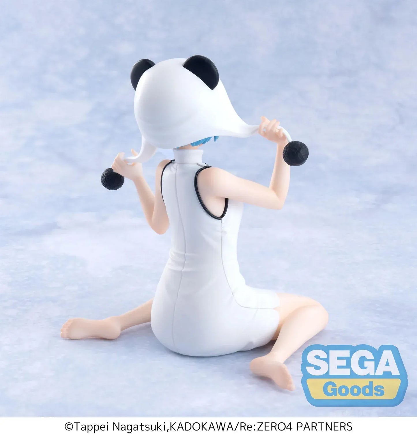 Re Zero Rem panda themed figure seated wearing white dress and panda hat