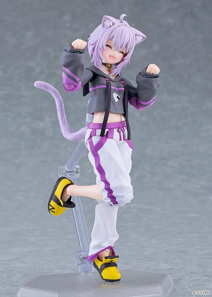 hololive production figma Nekomata Okayu Figure with lavender hair, cat ears and tail wearing her signature black purple and white outfit