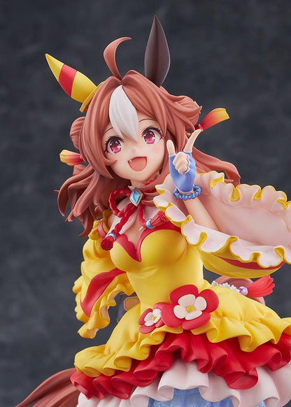 Umamusume Pretty Derby Copano Rickey Signature Racewear Ver. 1/7 Scale Figure featuring Copano Rickey in a yellow and red racewear outfit with horse ears, tail, and themed display base.