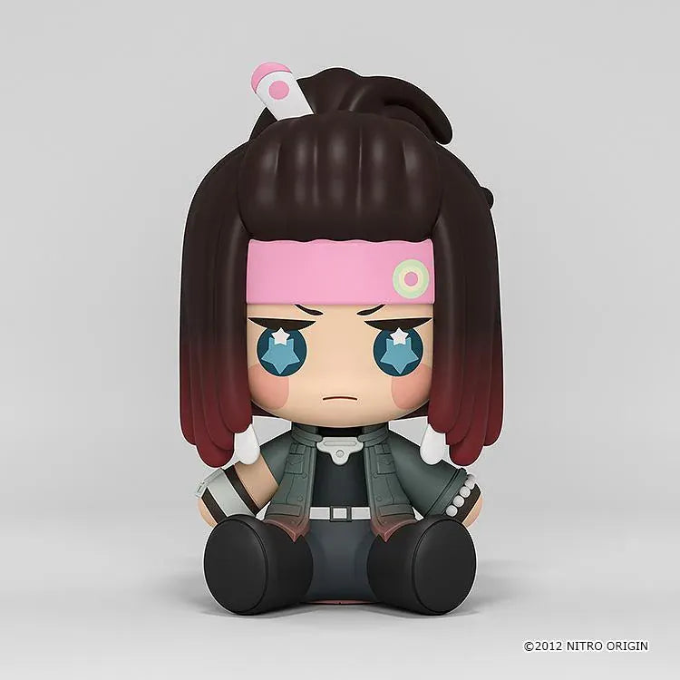 DRAMAtical Murder Huggy Good Smile Mink figure with a pink headband, dark hair, blue star-filled eyes, and a dark outfit in a seated pose.