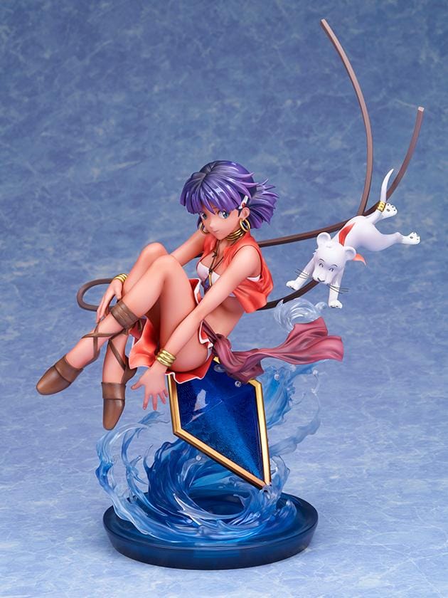 Nadia 1/7 scale figure in a red outfit with purple hair, a white lion companion, flowing ribbons, and swirling blue water effects.