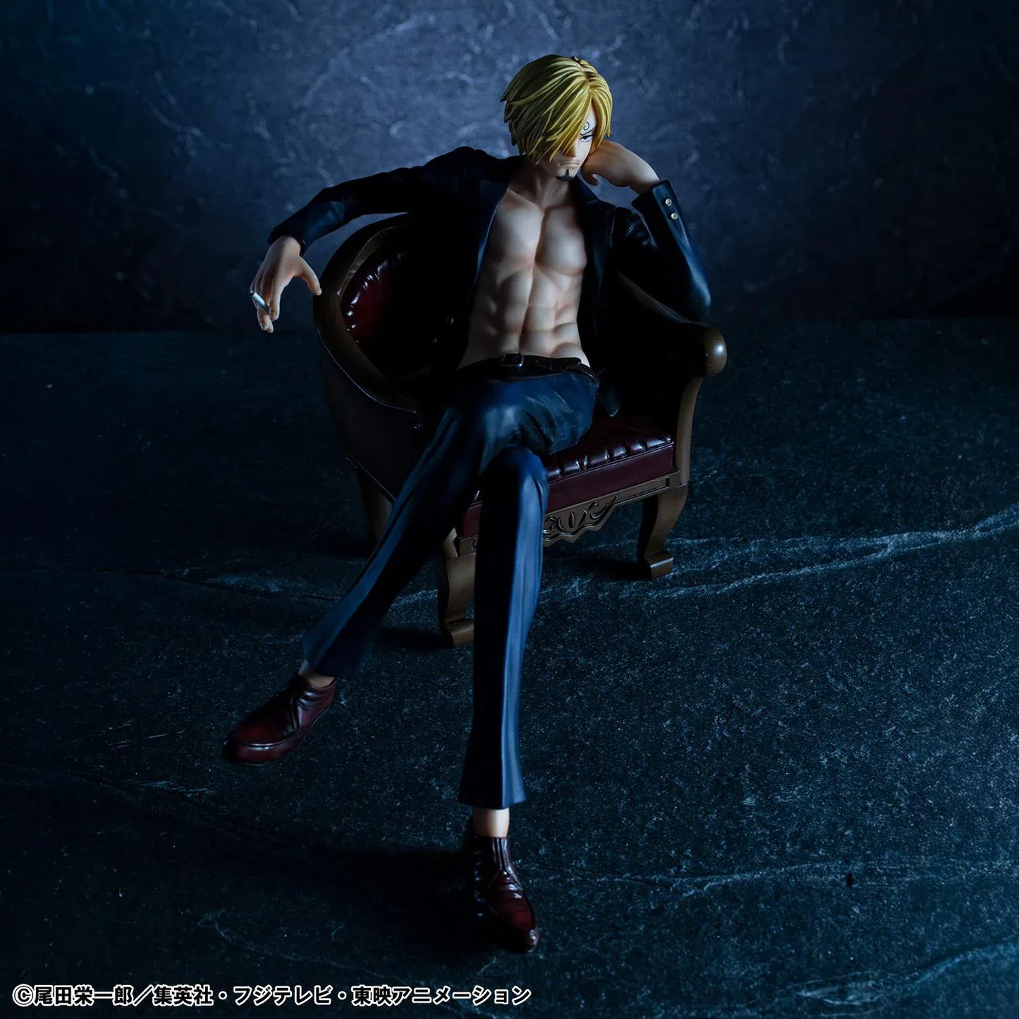 One Piece Portrait of Pirates S.O.C. Sanji Ver.R Figure seated in a chair with black suit, blonde hair, cigarette accessory, and relaxed pose