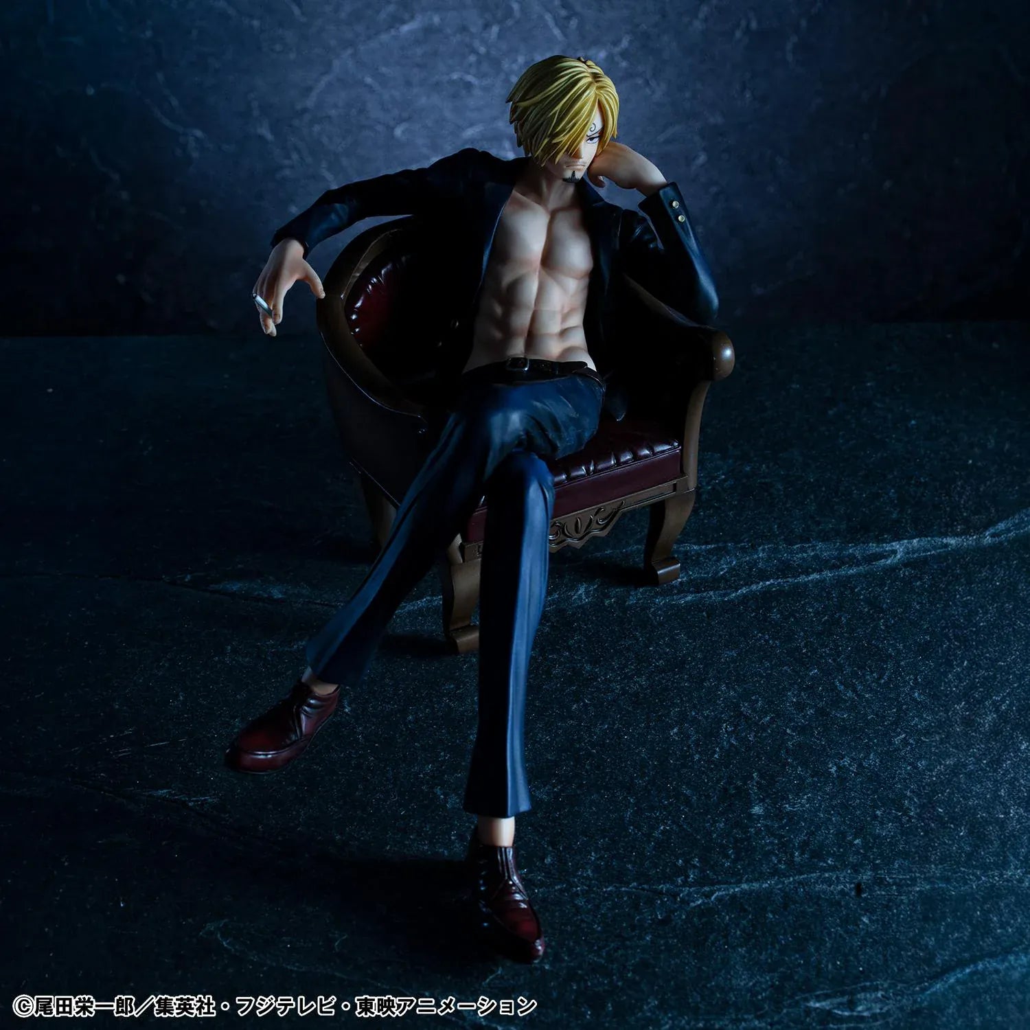 One Piece Portrait of Pirates S.O.C. Sanji Ver.R Figure seated in a chair with black suit, blonde hair, cigarette accessory, and relaxed pose