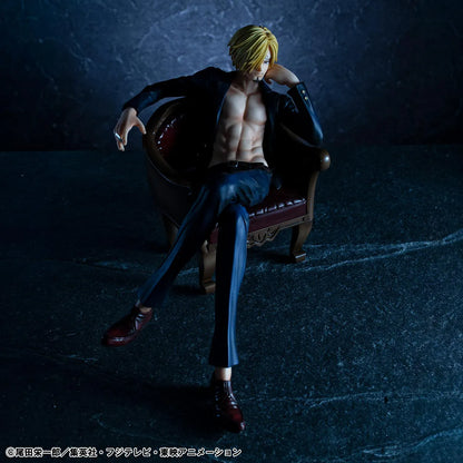 One Piece Portrait of Pirates S.O.C. Sanji Ver.R Figure seated in a chair with black suit, blonde hair, cigarette accessory, and relaxed pose
