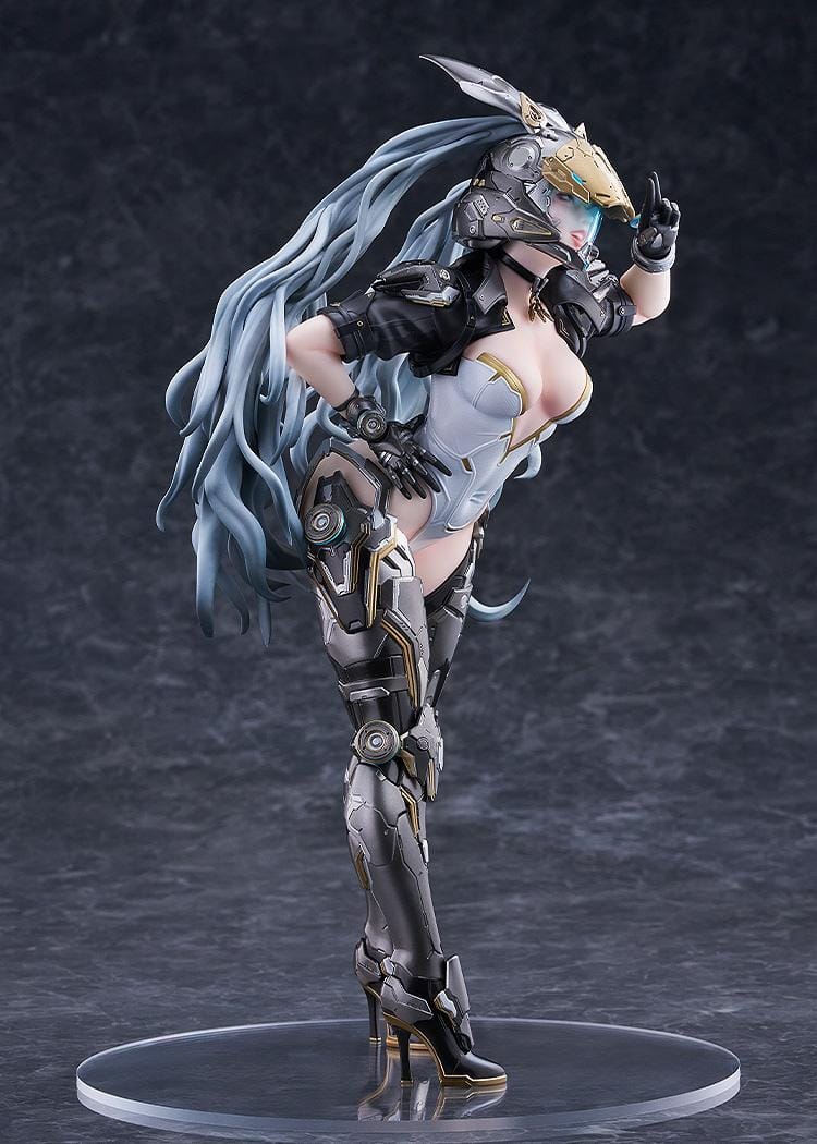The First Descendant Ultimate Bunny 1/7 Scale Figure with futuristic armor, masked headpiece, long hair, and black silver gold battle suit