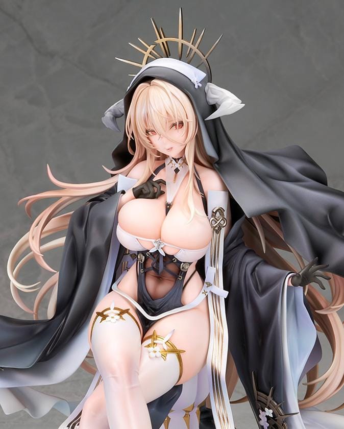 Azur Lane Implacable Special Ver. 1/7 Scale Figure with long blonde hair, black-and-white outfit, gold accents, halo headpiece, and clear display base