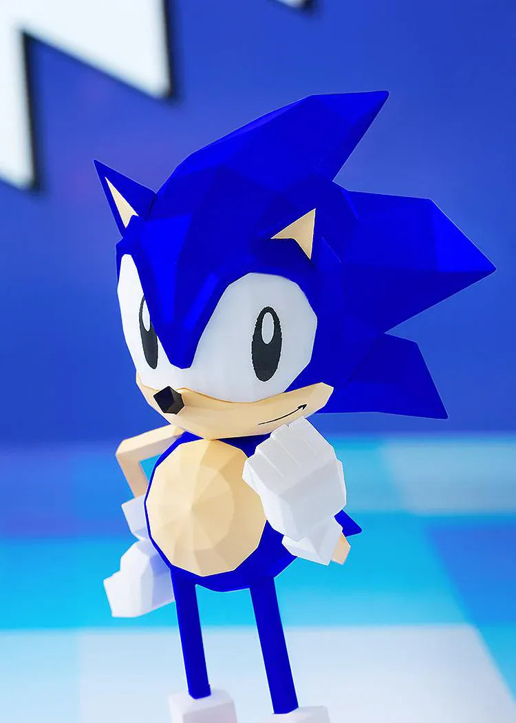 Sonic the Fighters POP UP PARADE Sonic the Hedgehog Figure featuring Sonic in a retro low-poly style with blue body, white gloves, and red shoes.