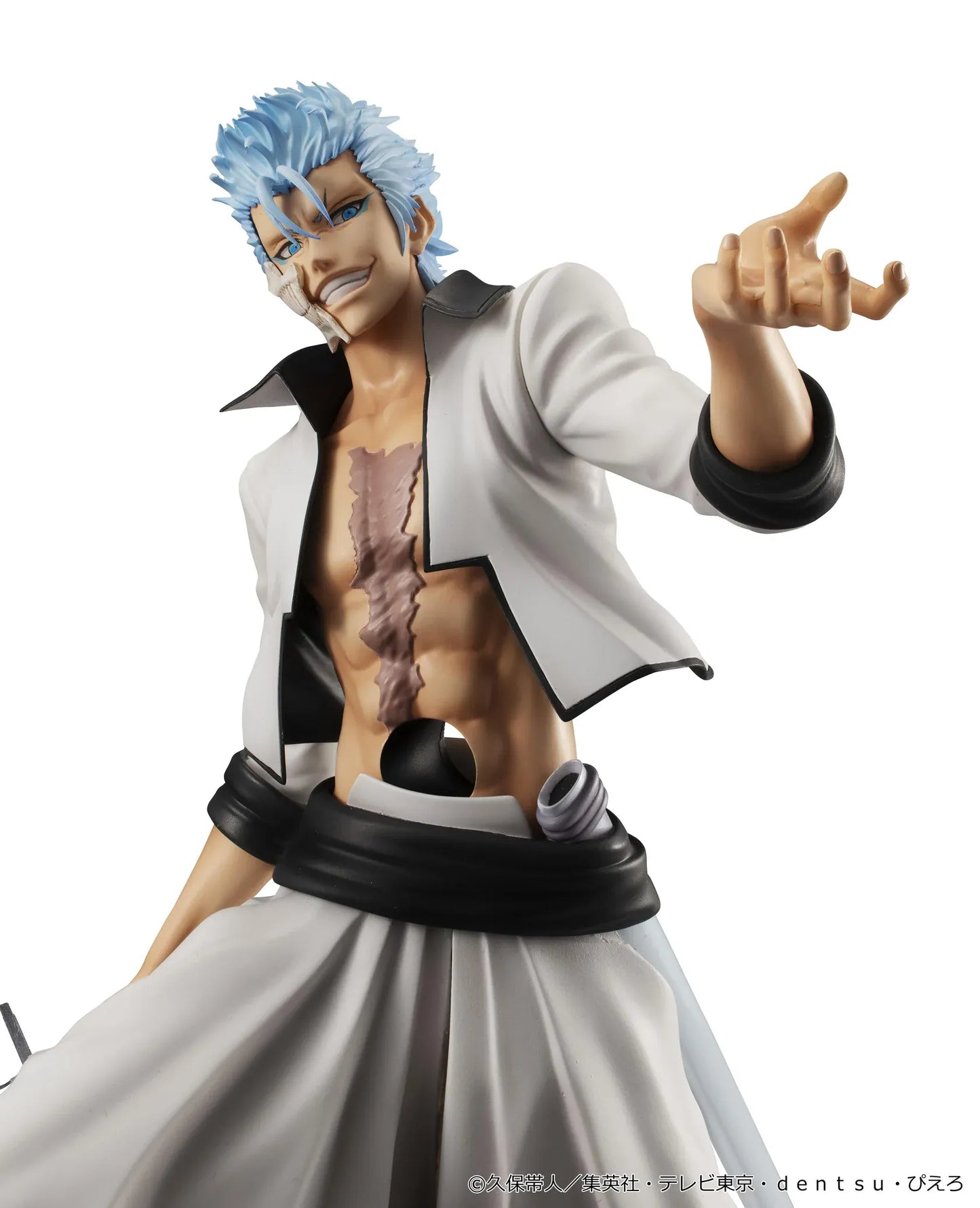 Bleach G.E.M. Series Grimmjow Jaegerjaquez Rerelease figure with blue hair, white Arrancar outfit, sword, and rocky display base