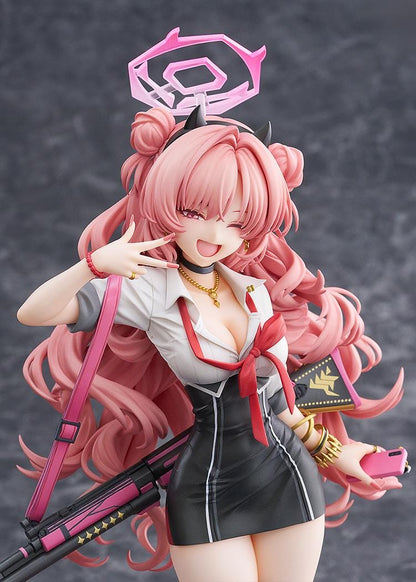 Blue Archive Kirara 1/7 scale figure with long pink hair, school uniform, pink and black weapon, halo, and translucent pink display base