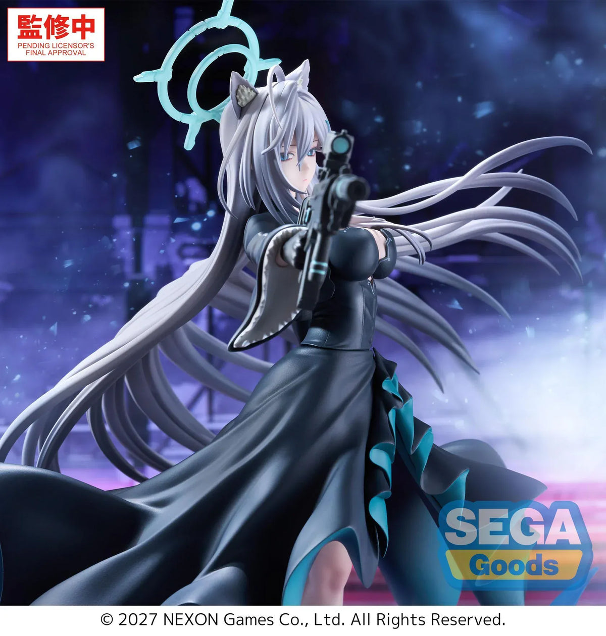 Blue Archive Shiroko Terror FIGURIZMα figure holding a rifle, with flowing silver hair, a turquoise halo, dark teal-lined dress, and blue base effects.