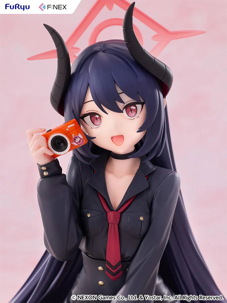 Blue Archive Chiaki Memorial Lobby Ver. 1/7 Scale Figure seated with dark outfit, horn details, pink halo, and camera accessory