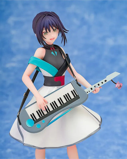 Iroha Sakayori Collaboration Concert Ver. figure with dark purple hair, holding a blue-gray keytar and wearing a white dress with turquoise and black accents.