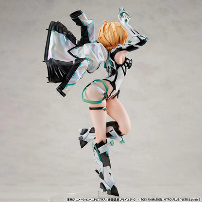 Lucrea Gabriel figure with golden hair, red eyes, black and white futuristic armor, turquoise accents, and a flowing iridescent-lined jacket.
