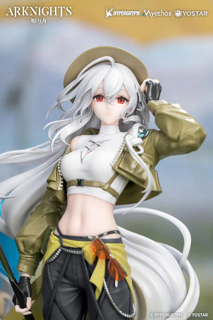 Arknights Gift+ Skadi Wildlight Wander Ver. 1/8 Scale Figure featuring Skadi with long white hair, fishing rod accessory, outdoor outfit, hat, and themed display base.