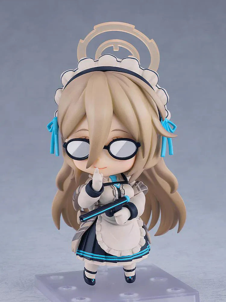 Chibi Nendoroid figure of Akane Murokasa from Blue Archive wearing a maid-style outfit with glasses and halo headpiece, holding a baton.