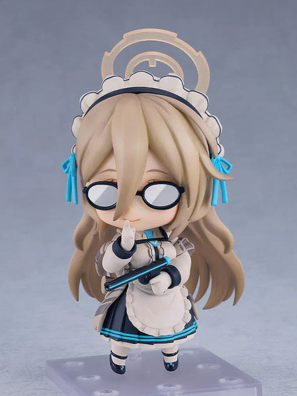 Chibi Nendoroid figure of Akane Murokasa from Blue Archive wearing a maid-style outfit with glasses and halo headpiece, holding a baton.