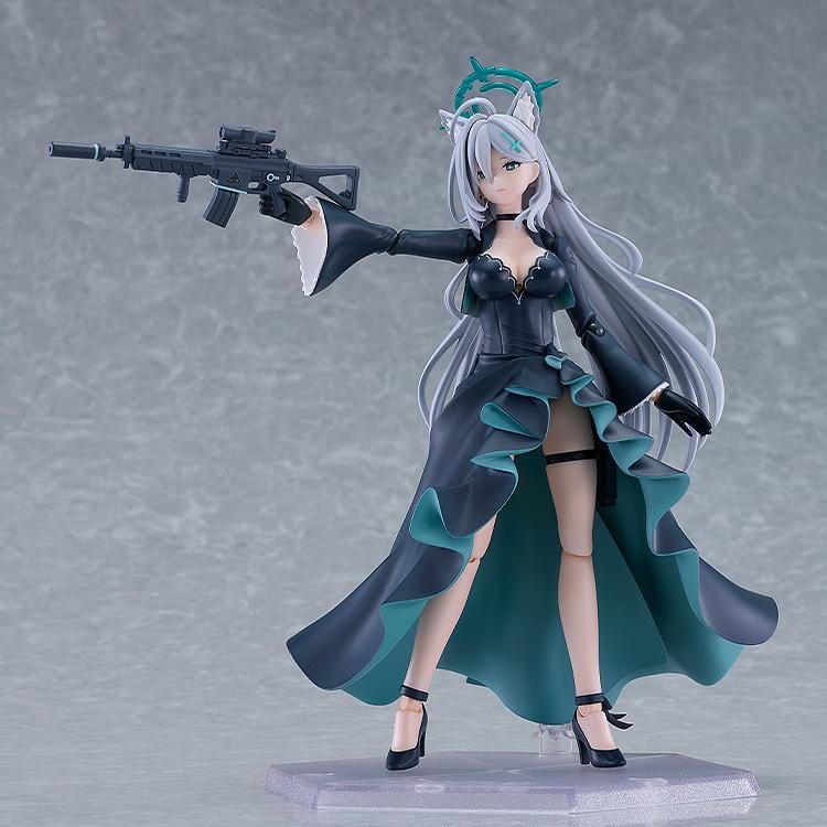 Blue Archive figma Shiroko Terror Figure with silver hair, wolf ears, halo, black outfit, flowing coat, and weapon accessory