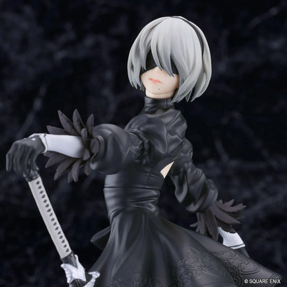 NieR POP UP PARADE 2B YoRHa No.2 Type B L Size Figure featuring a silver-white-haired android wearing a black gothic combat dress, thigh-high boots, and black gloves while holding a large sword on a circular display base.