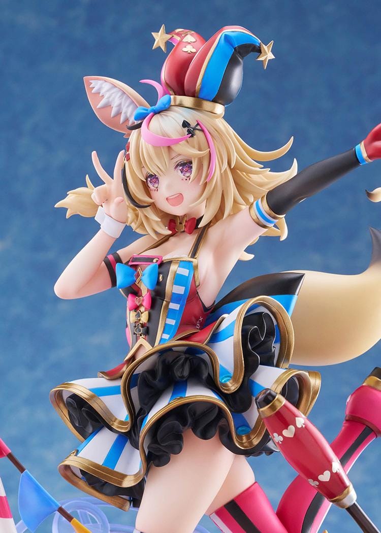 hololive production Omaru Polka 1/7 Scale Figure with jester outfit, fox ears, baton, colorful circus base, and dynamic pose