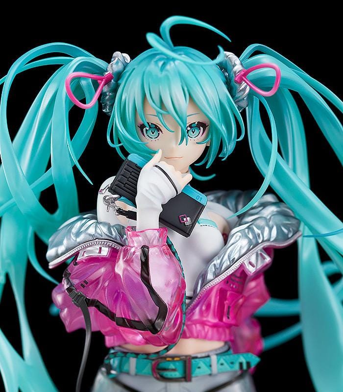 Hatsune Miku with SOLWA 1/7 Scale Figure Rerelease featuring Miku with teal twin tails, metallic pink jacket, silver outfit details, and a colorful display base.