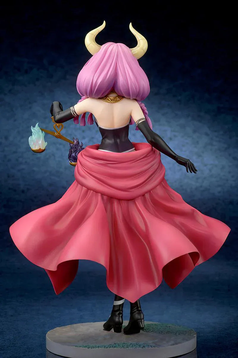 Frieren Beyond Journey’s End Aura the Guillotine 1/7 scale figure with pink hair, horns, flowing red cape, and scales accessory