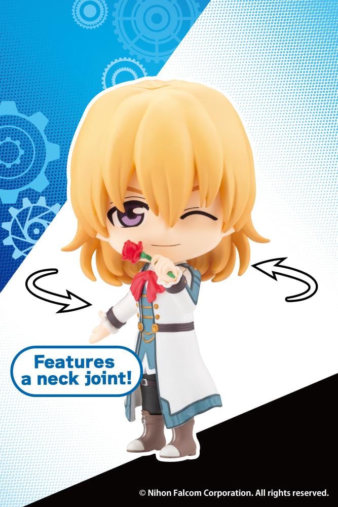 Trails in the Sky Oshi Works Mini Olivier Lenheim figure with blond hair, a winking expression, white and teal coat, red neck bow, and red rose.